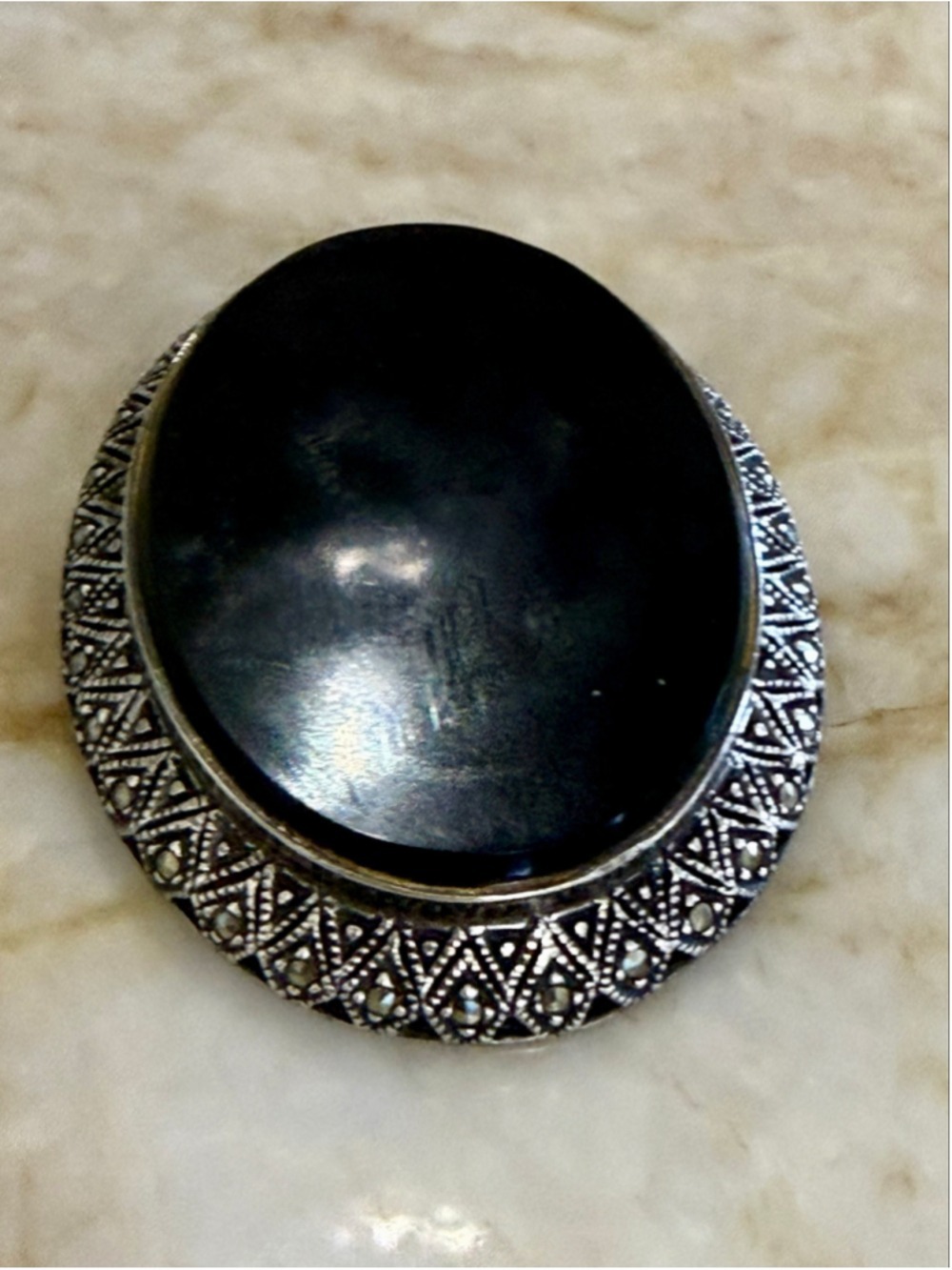 Sterling marcasite Black and Silver Oval Brooch, One Size
